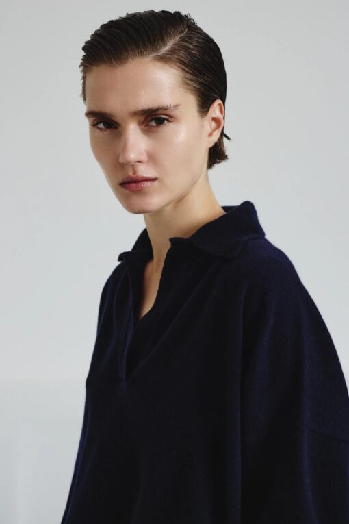 Pomandère - Fine-knit polo in merino wool and cashmere - navy - Image 2