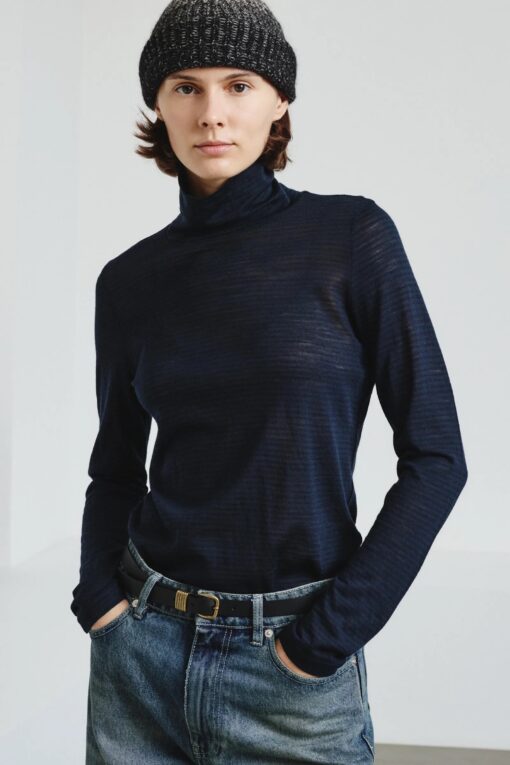 Pomandère - Striped pure wool jersey turtleneck - bottle green - Image 2