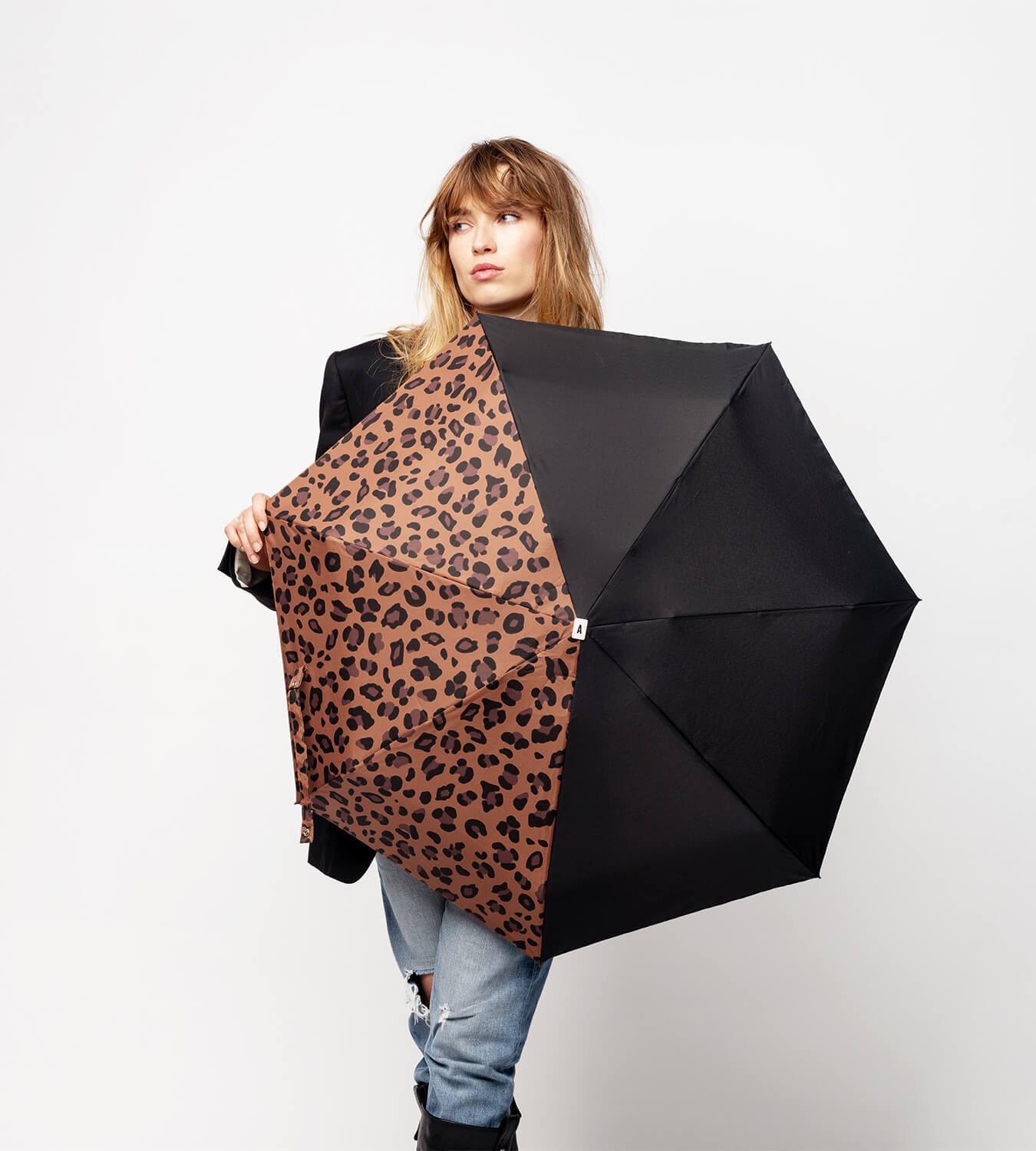 Anatole – Black and leopard-print compact umbrella – JULIETTE